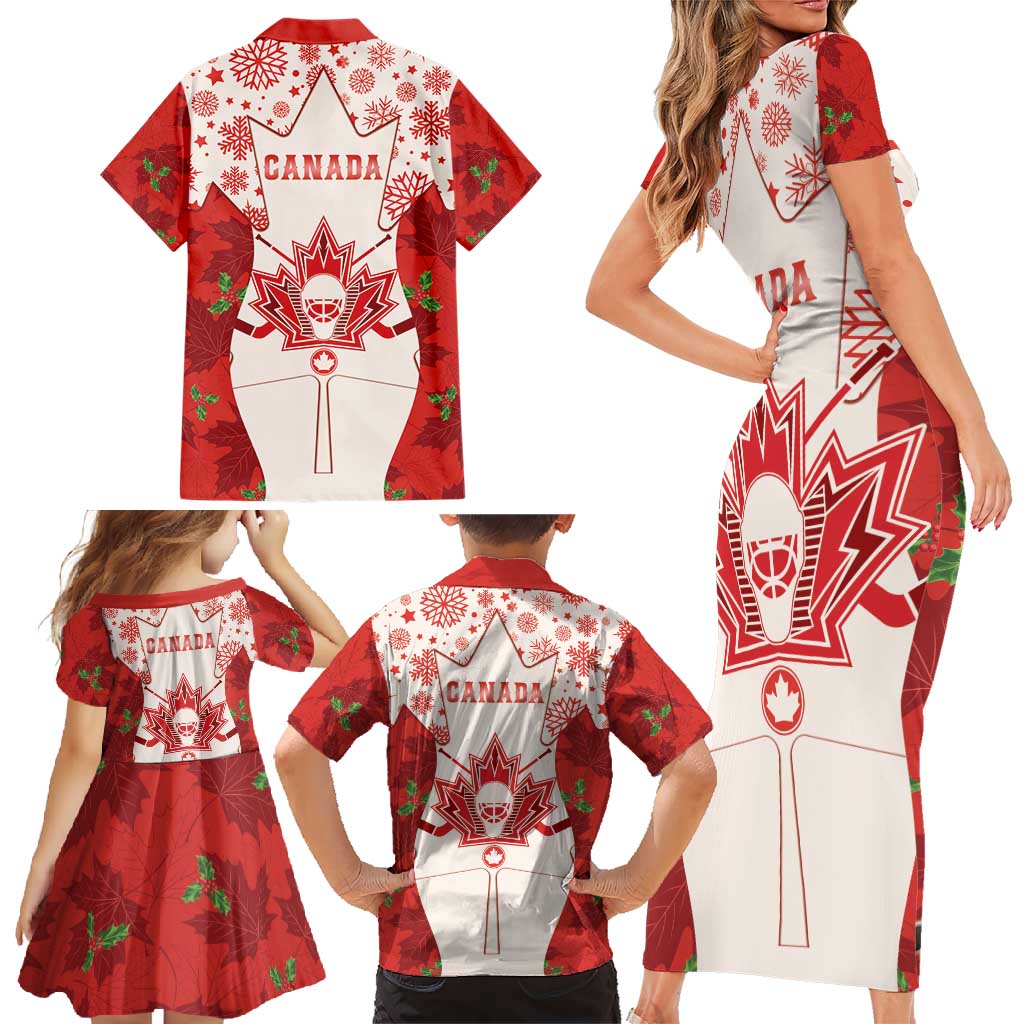 Christmas Canada Hockey Family Matching Short Sleeve Bodycon Dress and Hawaiian Shirt Merry Hockey-Mas Maple Leaves Pattern - Wonder Print Shop