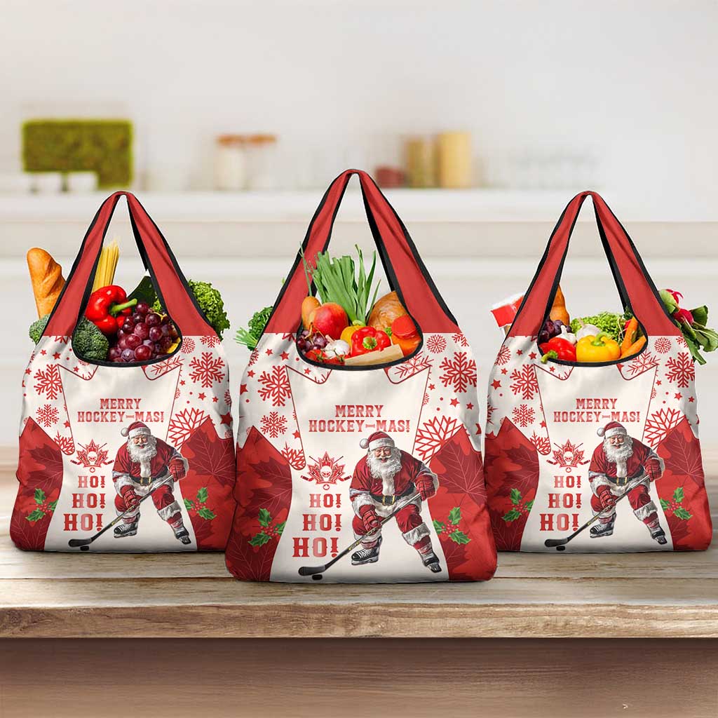 Christmas Canada Hockey Grocery Bag Merry Hockey-Mas Maple Leaves Pattern