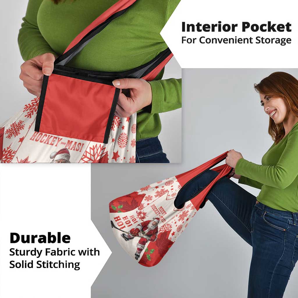 Christmas Canada Hockey Grocery Bag Merry Hockey-Mas Maple Leaves Pattern