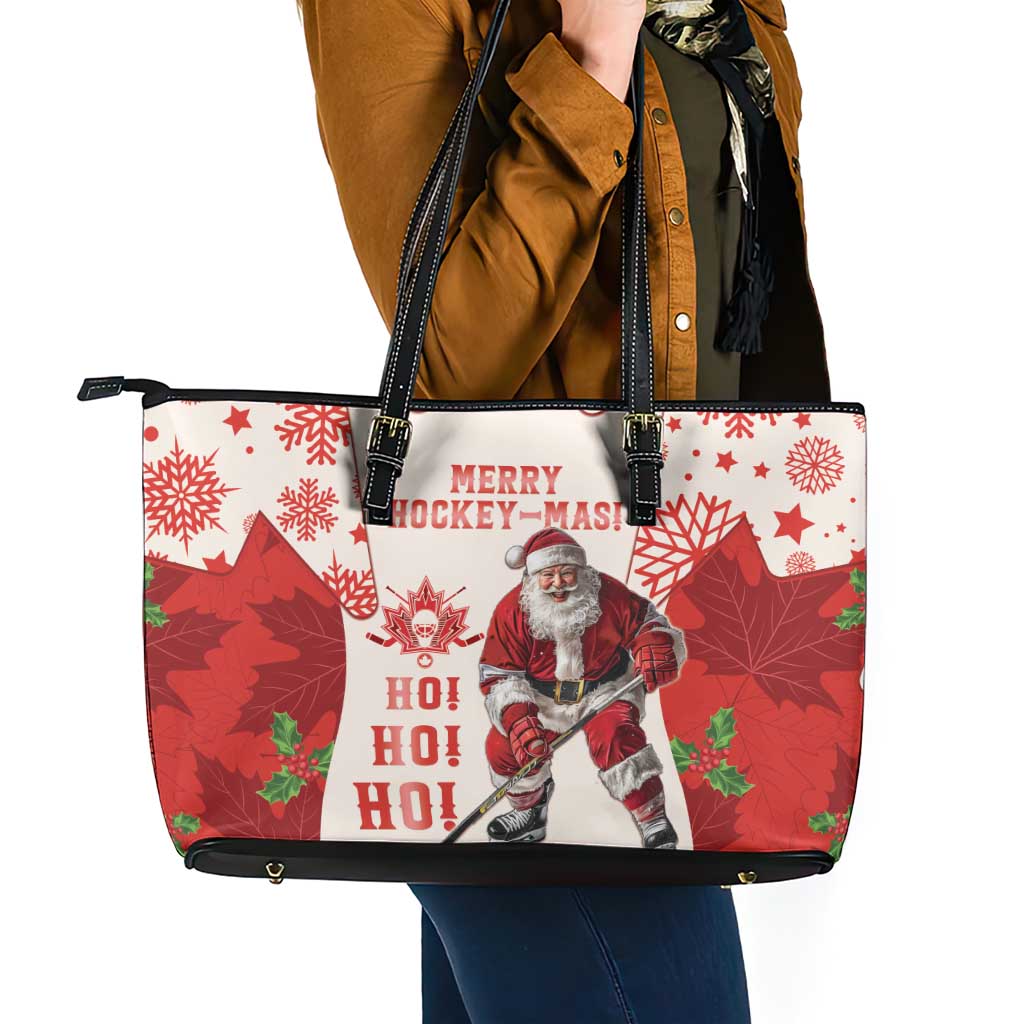 Christmas Canada Hockey Leather Tote Bag Merry Hockey-Mas Maple Leaves Pattern - Wonder Print Shop