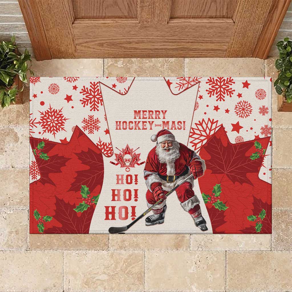 Christmas Canada Hockey Rubber Doormat Merry Hockey-Mas Maple Leaves Pattern - Wonder Print Shop