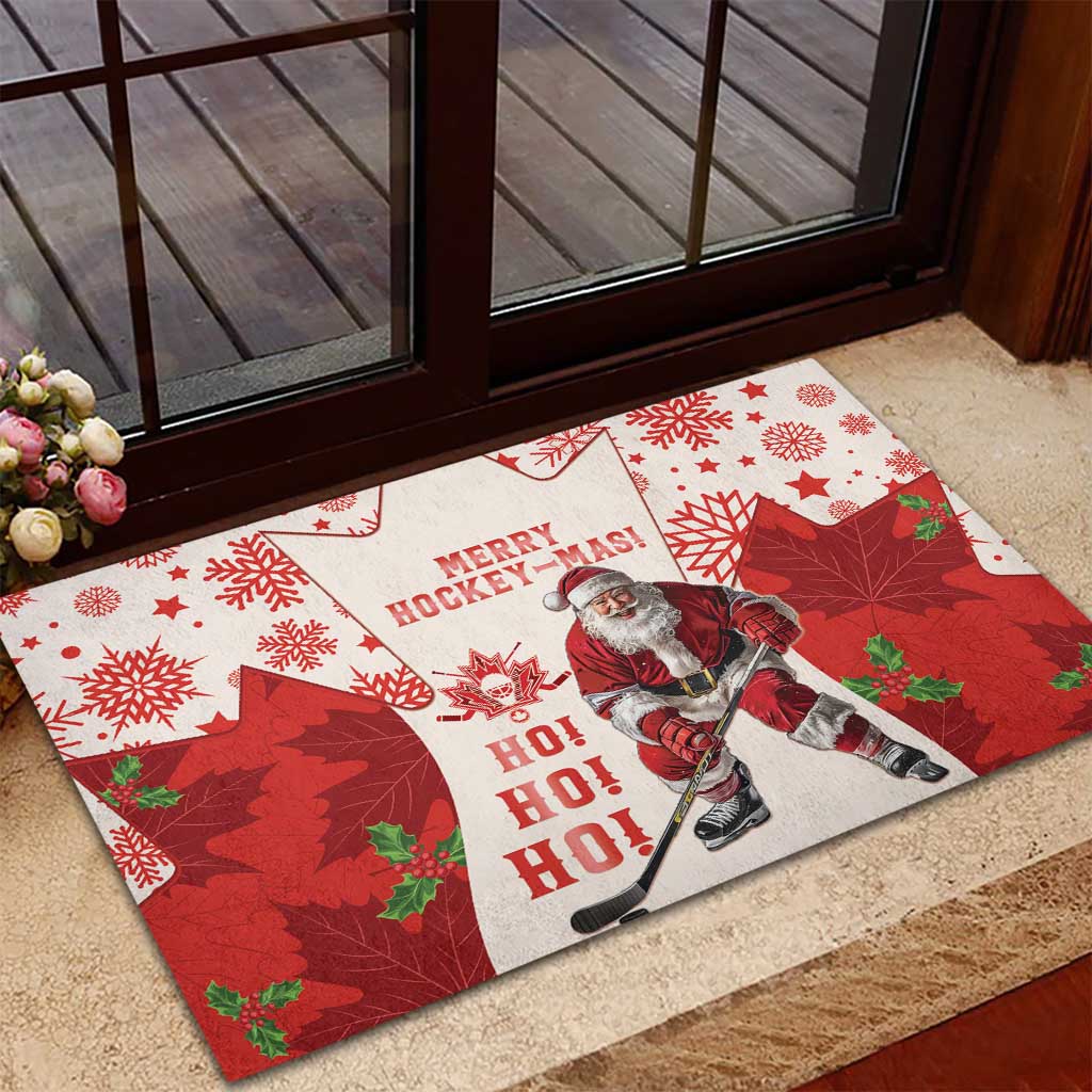 Christmas Canada Hockey Rubber Doormat Merry Hockey-Mas Maple Leaves Pattern - Wonder Print Shop