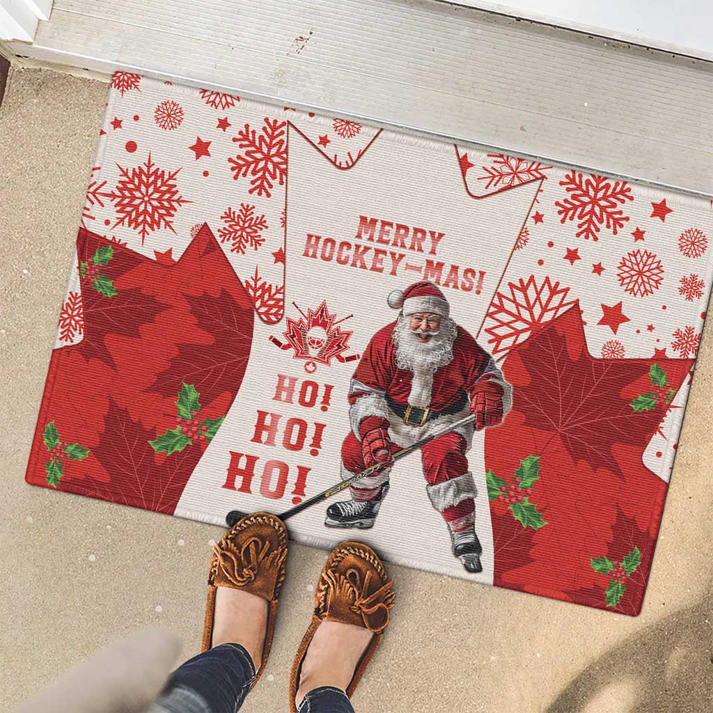 Christmas Canada Hockey Rubber Doormat Merry Hockey-Mas Maple Leaves Pattern - Wonder Print Shop
