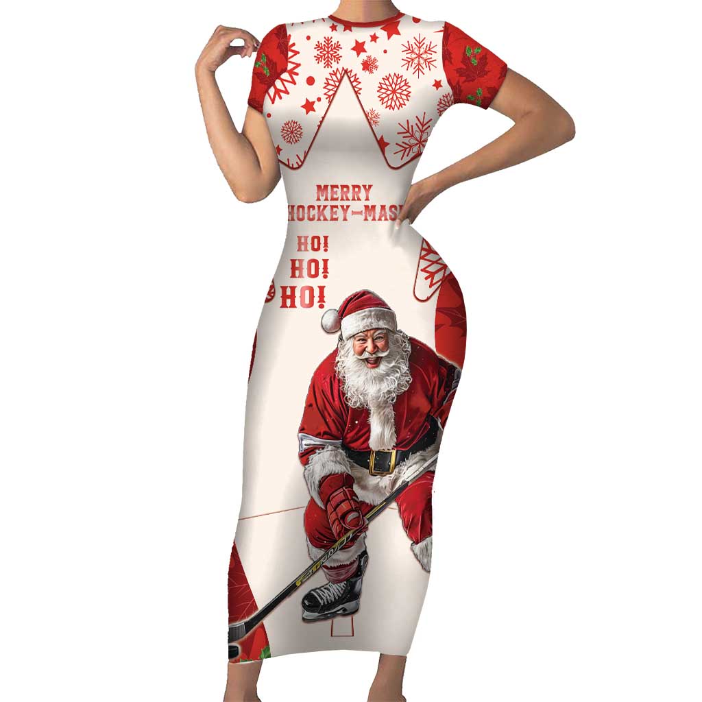 Christmas Canada Hockey Short Sleeve Bodycon Dress Merry Hockey-Mas Maple Leaves Pattern - Wonder Print Shop