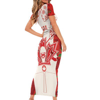 Christmas Canada Hockey Short Sleeve Bodycon Dress Merry Hockey-Mas Maple Leaves Pattern - Wonder Print Shop