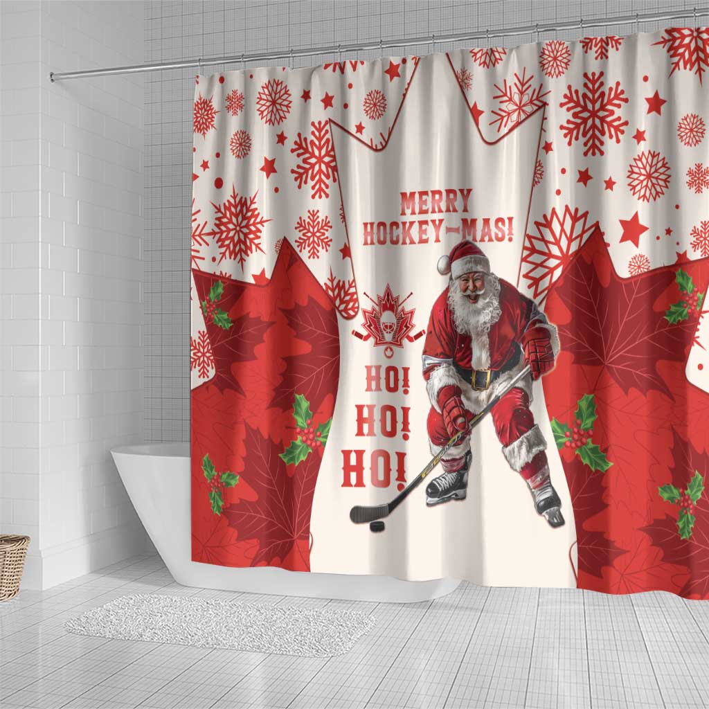 Christmas Canada Hockey Shower Curtain Merry Hockey-Mas Maple Leaves Pattern