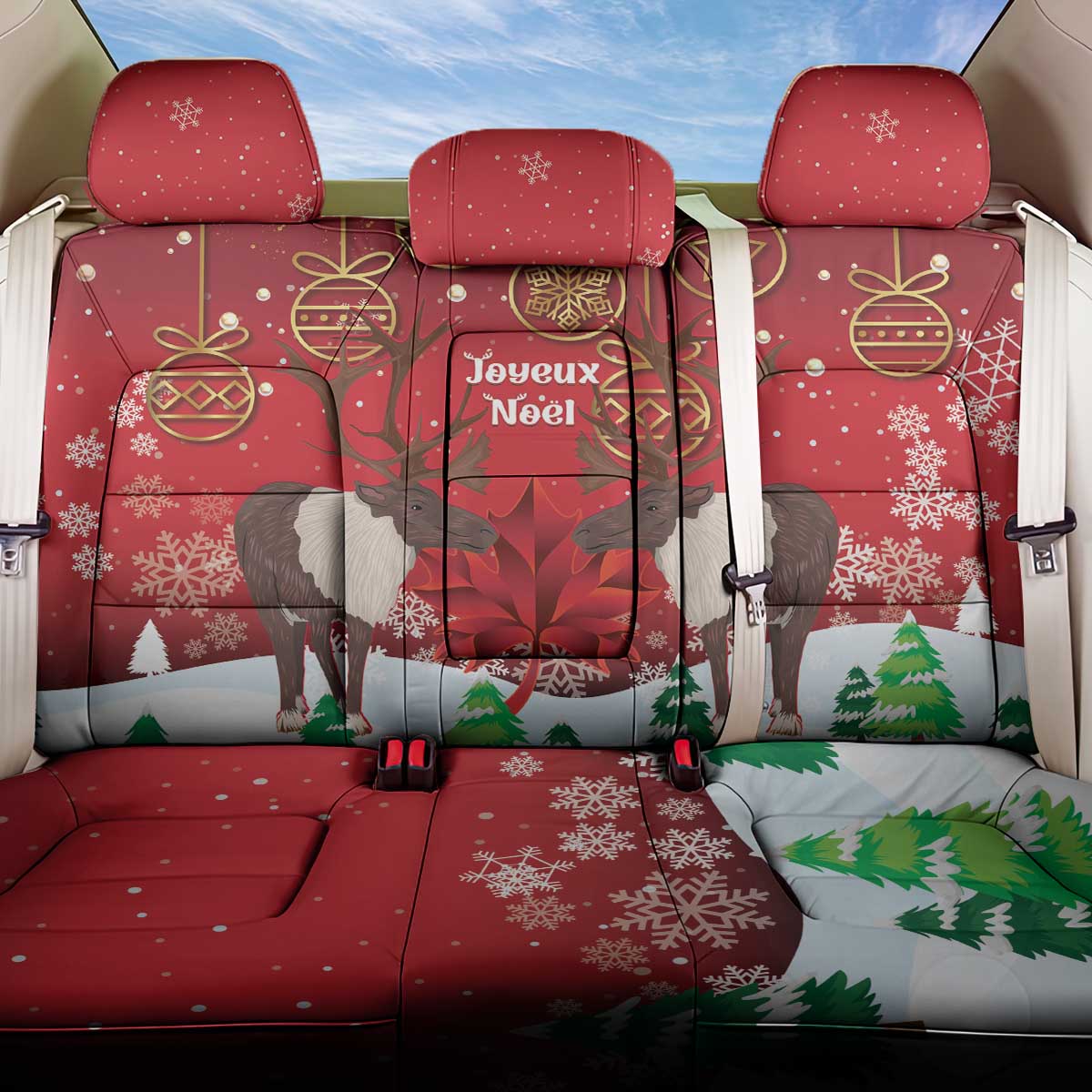 Christmas Canada Back Car Seat Cover Joyeux Noel - Caribou With Maple Leaf - Wonder Print Shop