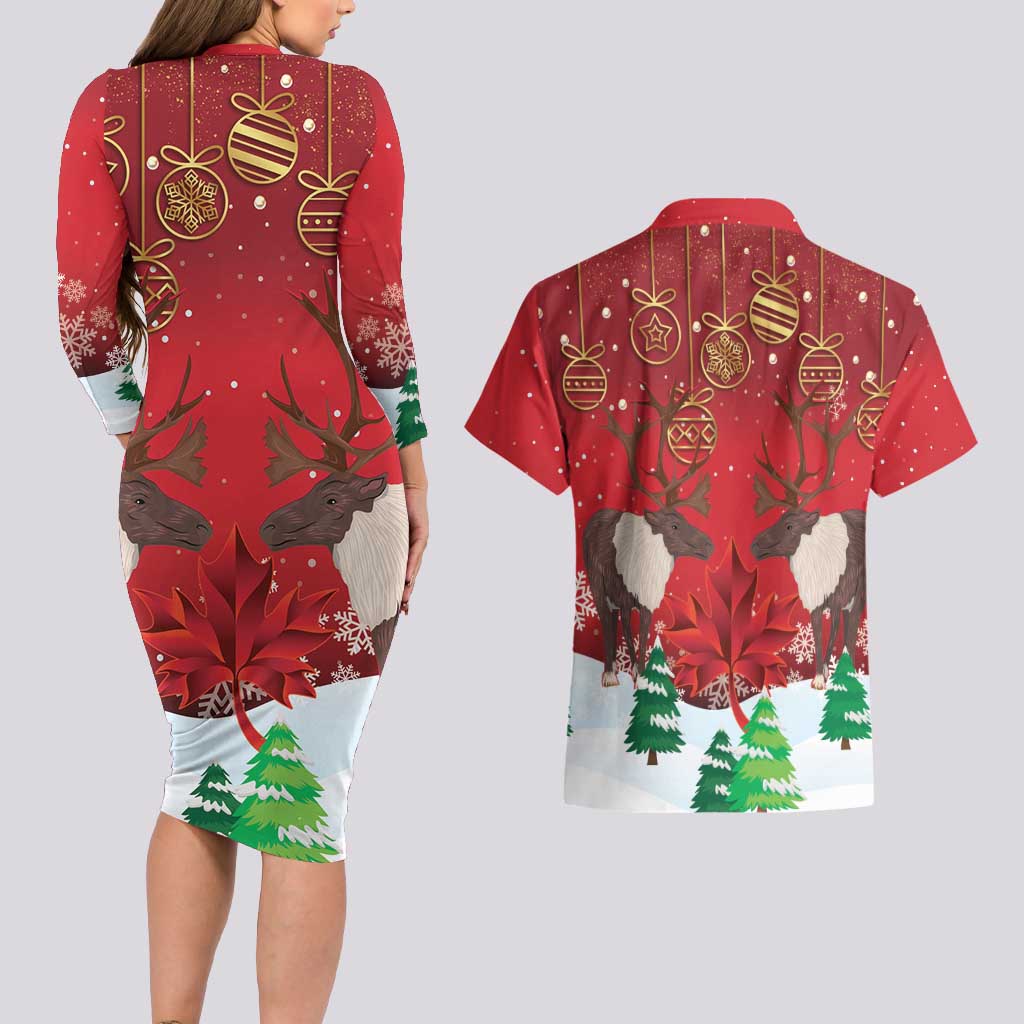 Christmas Canada Couples Matching Long Sleeve Bodycon Dress and Hawaiian Shirt Joyeux Noel - Caribou With Maple Leaf - Wonder Print Shop