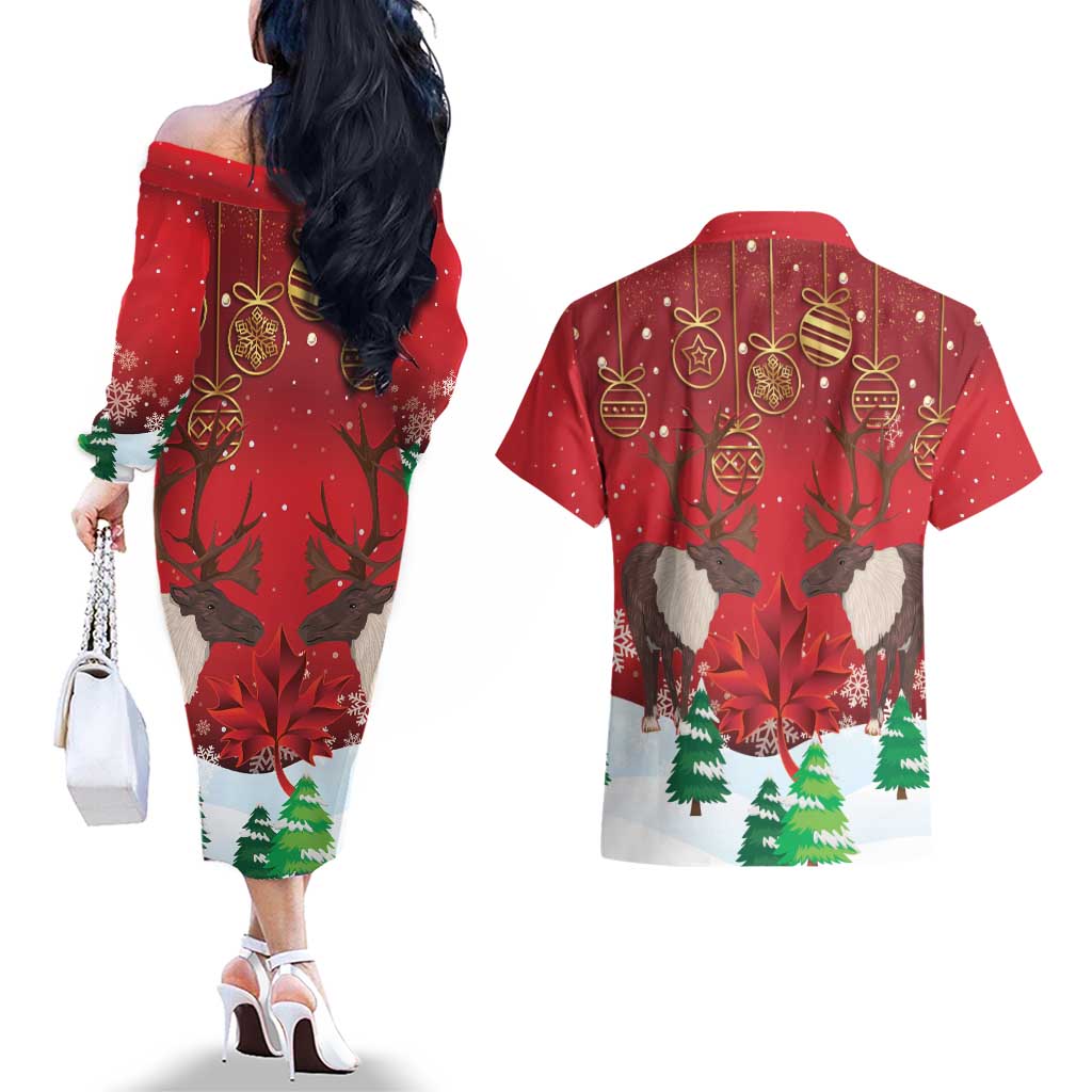 Christmas Canada Couples Matching Off The Shoulder Long Sleeve Dress and Hawaiian Shirt Joyeux Noel - Caribou With Maple Leaf - Wonder Print Shop