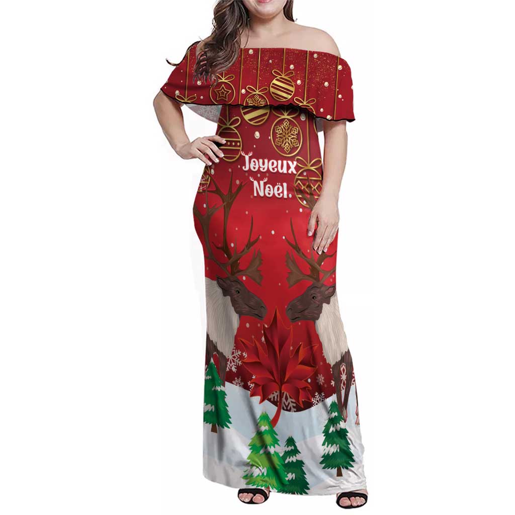 Christmas Canada Family Matching Off Shoulder Maxi Dress and Hawaiian Shirt Joyeux Noel - Caribou With Maple Leaf - Wonder Print Shop