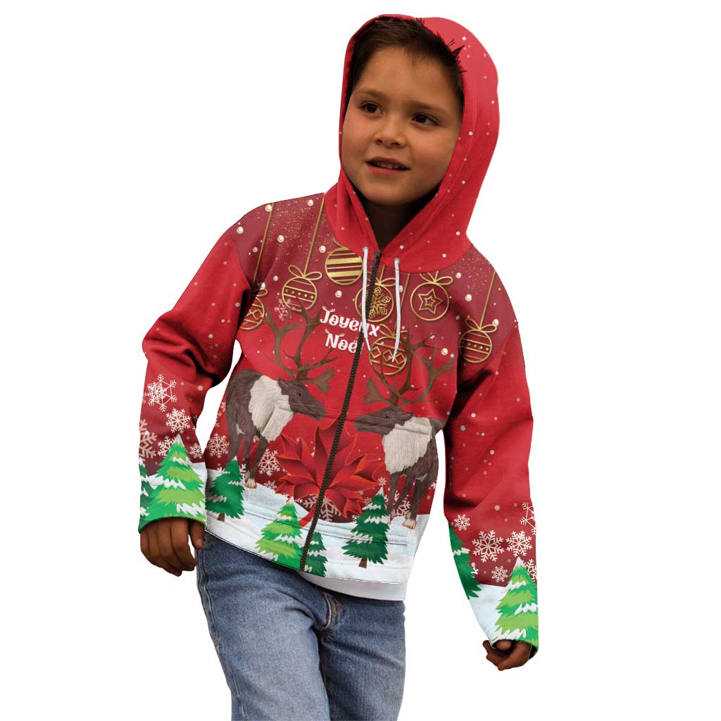 Christmas Canada Kid Hoodie Joyeux Noel - Caribou With Maple Leaf - Wonder Print Shop