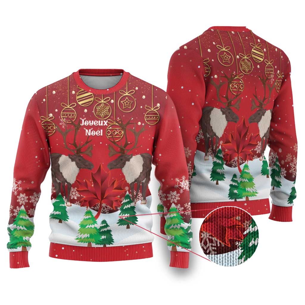 Christmas Canada Ugly Christmas Sweater Joyeux Noel - Caribou With Maple Leaf - Wonder Print Shop