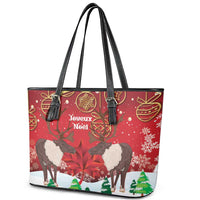 Christmas Canada Leather Tote Bag Joyeux Noel - Caribou With Maple Leaf - Wonder Print Shop