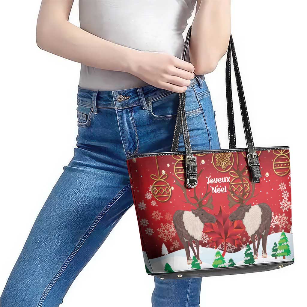 Christmas Canada Leather Tote Bag Joyeux Noel - Caribou With Maple Leaf - Wonder Print Shop