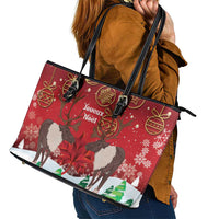 Christmas Canada Leather Tote Bag Joyeux Noel - Caribou With Maple Leaf - Wonder Print Shop