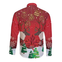 Christmas Canada Long Sleeve Button Shirt Joyeux Noel - Caribou With Maple Leaf - Wonder Print Shop