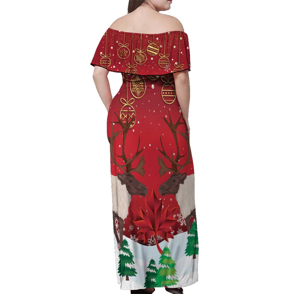 Christmas Canada Off Shoulder Maxi Dress Joyeux Noel - Caribou With Maple Leaf - Wonder Print Shop