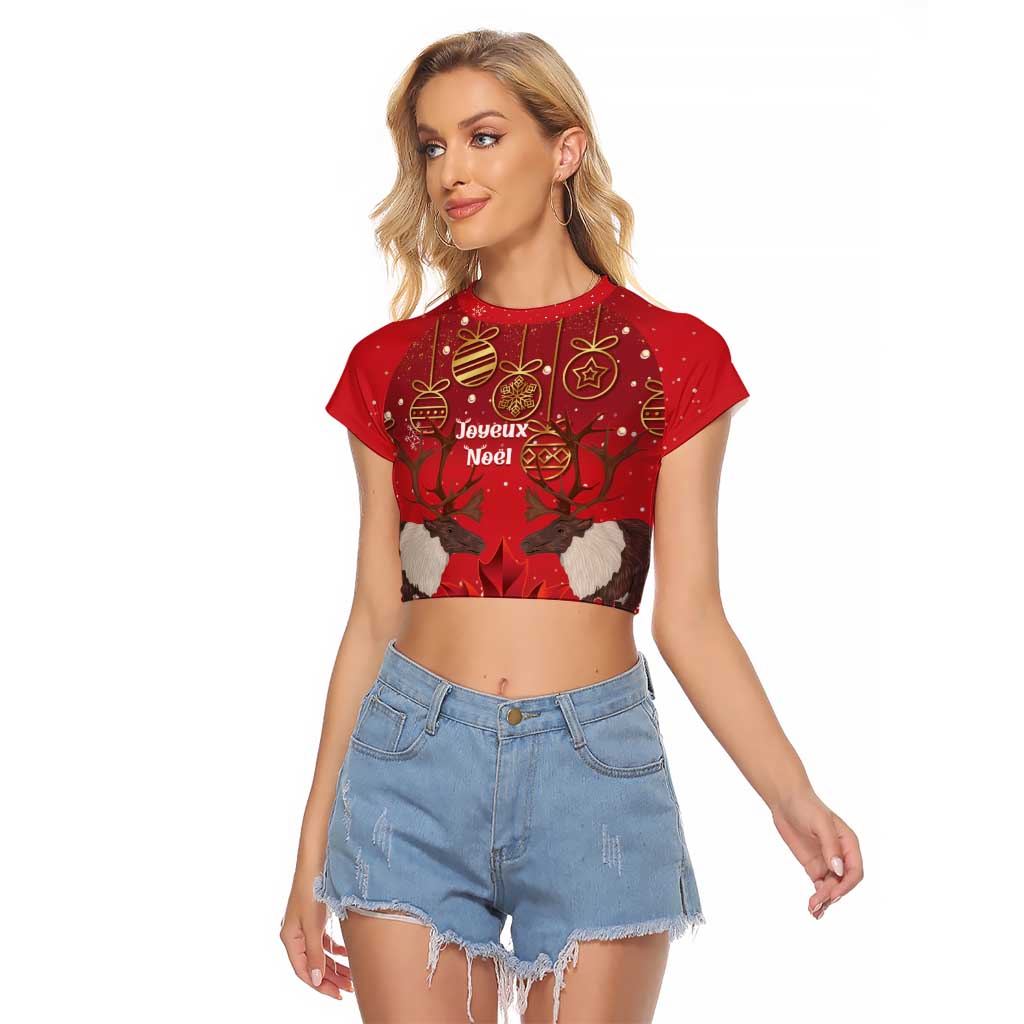 Christmas Canada Raglan Cropped T Shirt Joyeux Noel - Caribou With Maple Leaf - Wonder Print Shop