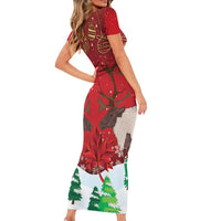 Christmas Canada Short Sleeve Bodycon Dress Joyeux Noel - Caribou With Maple Leaf - Wonder Print Shop