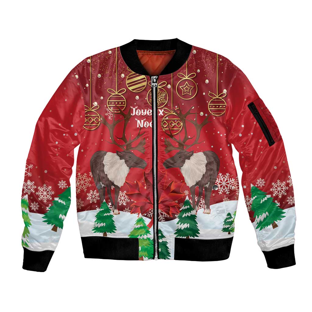 Christmas Canada Sleeve Zip Bomber Jacket Joyeux Noel - Caribou With Maple Leaf - Wonder Print Shop