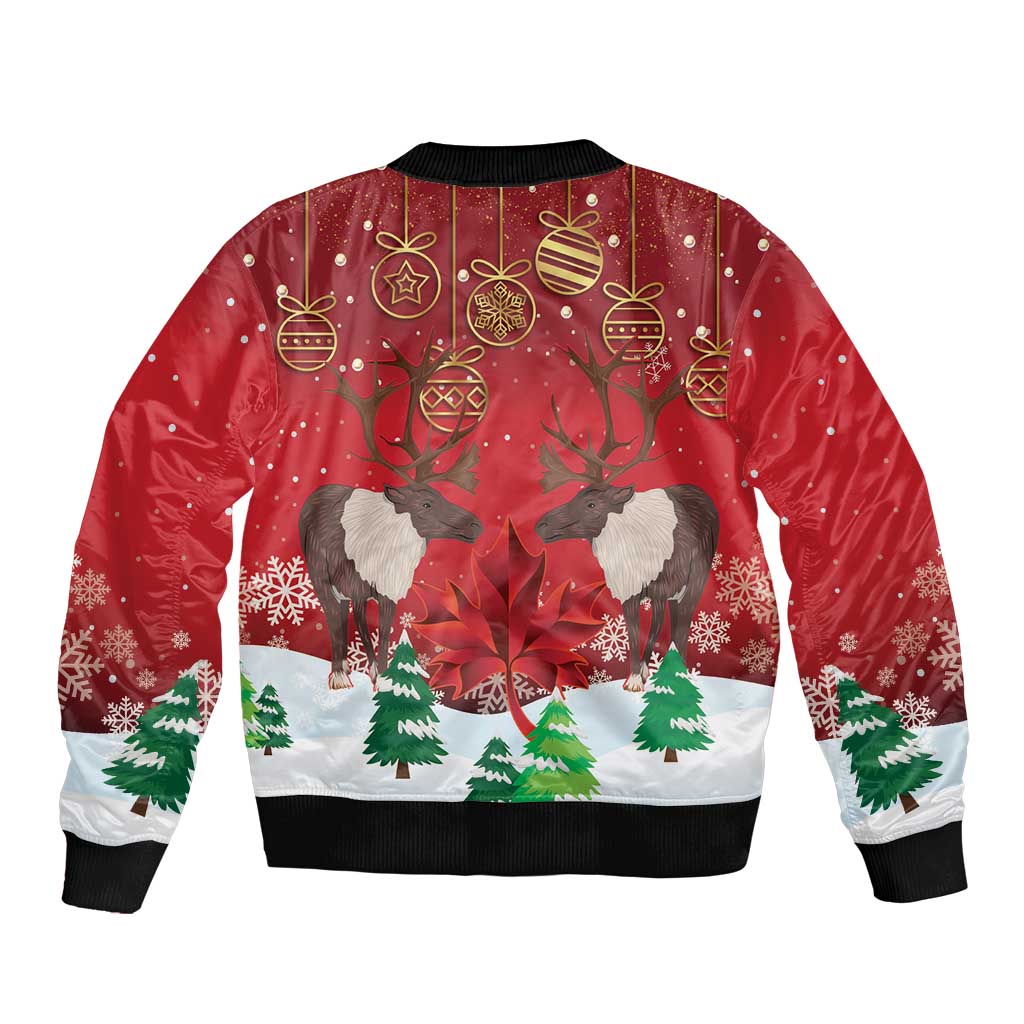 Christmas Canada Sleeve Zip Bomber Jacket Joyeux Noel - Caribou With Maple Leaf - Wonder Print Shop