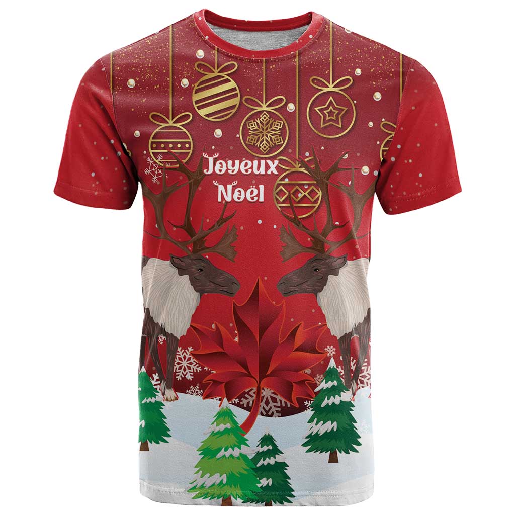 Christmas Canada T Shirt Joyeux Noel - Caribou With Maple Leaf - Wonder Print Shop