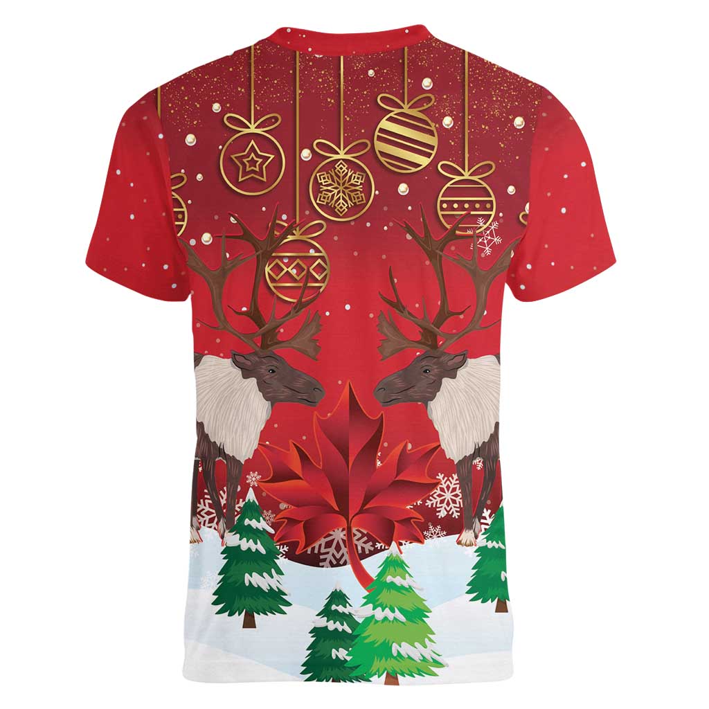 Christmas Canada Women V-Neck T-Shirt Joyeux Noel - Caribou With Maple Leaf - Wonder Print Shop