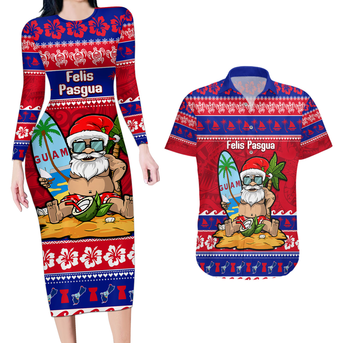Custom Guam Christmas Couples Matching Long Sleeve Bodycon Dress and Hawaiian Shirt Guaman Santas Felis Pasgua - Wonder Print Shop