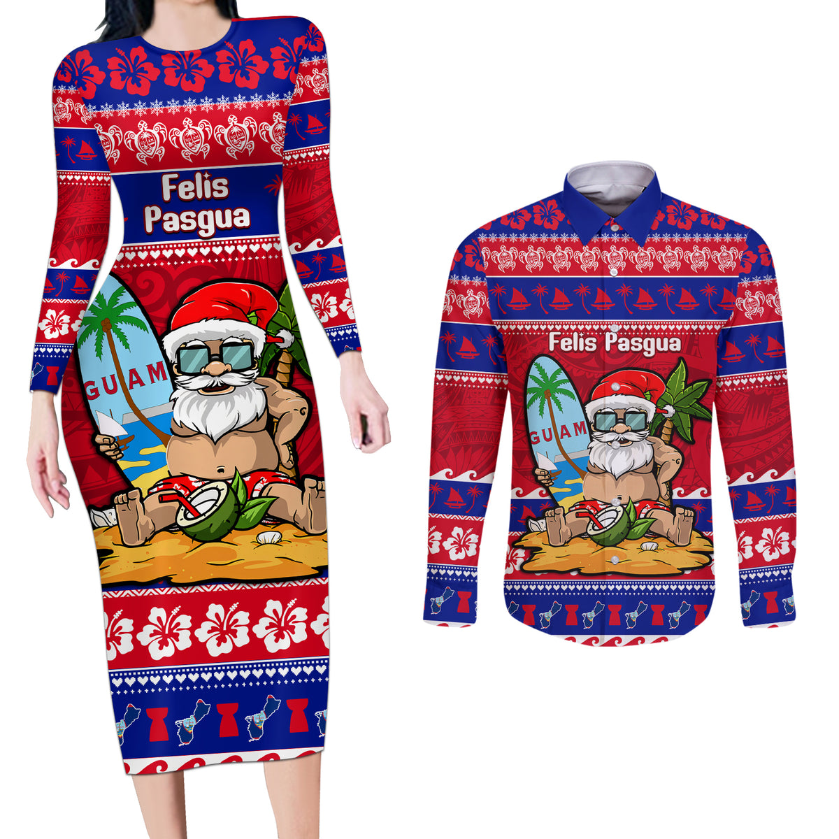 Custom Guam Christmas Couples Matching Long Sleeve Bodycon Dress and Long Sleeve Button Shirt Guaman Santas Felis Pasgua - Wonder Print Shop