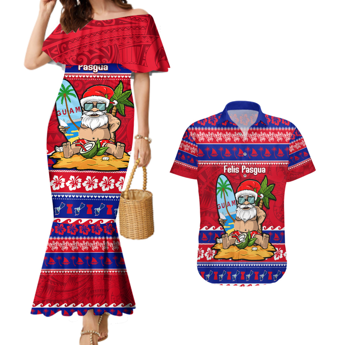 Custom Guam Christmas Couples Matching Mermaid Dress and Hawaiian Shirt Guaman Santas Felis Pasgua - Wonder Print Shop