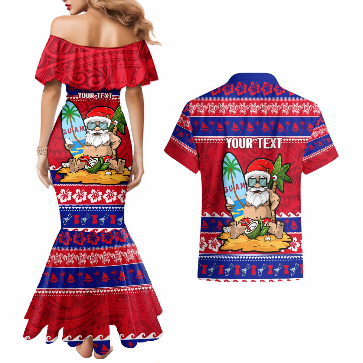 Custom Guam Christmas Couples Matching Mermaid Dress and Hawaiian Shirt Guaman Santas Felis Pasgua - Wonder Print Shop