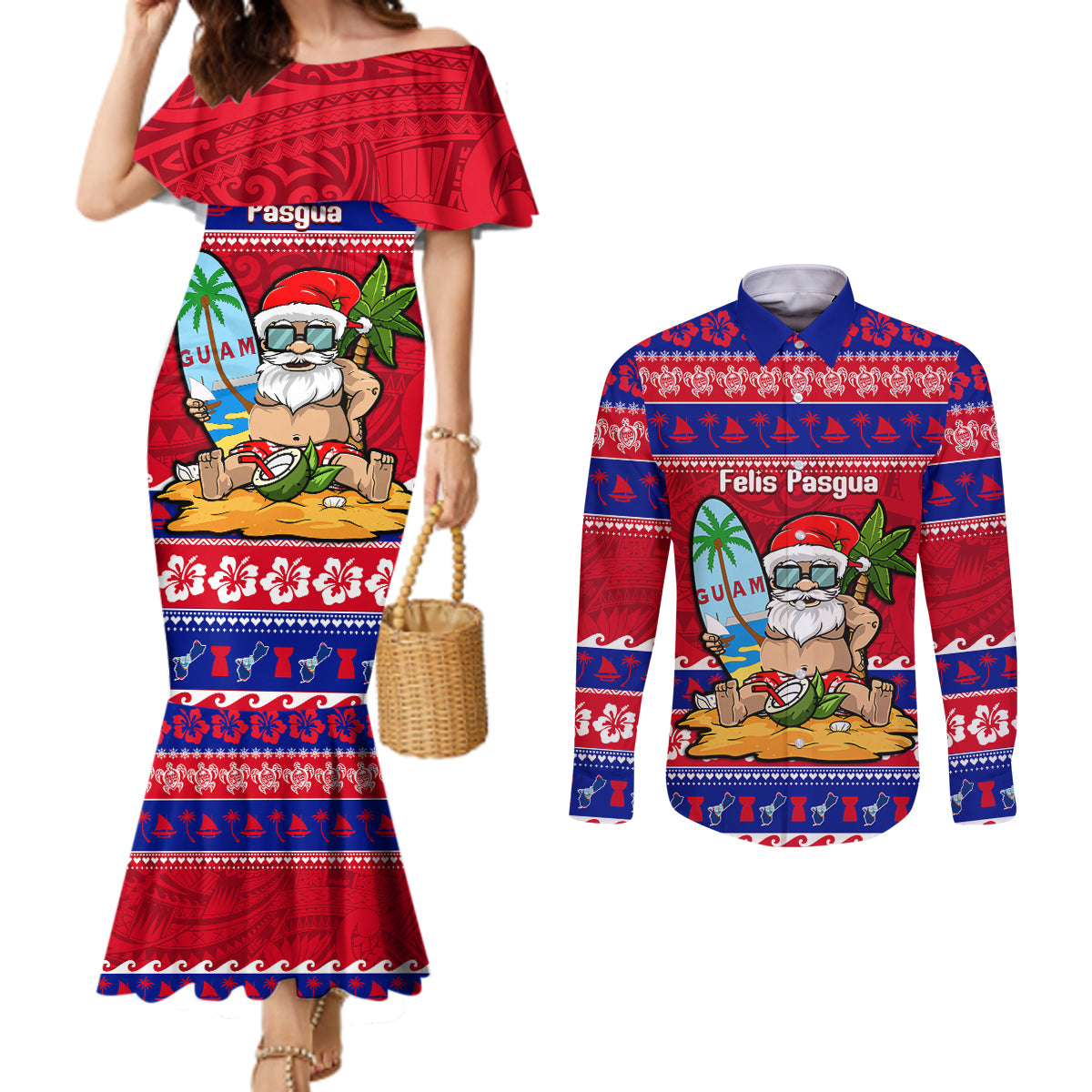 custom-guam-christmas-couples-matching-mermaid-dress-and-long-sleeve-button-shirt-guaman-santas-felis-pasgua