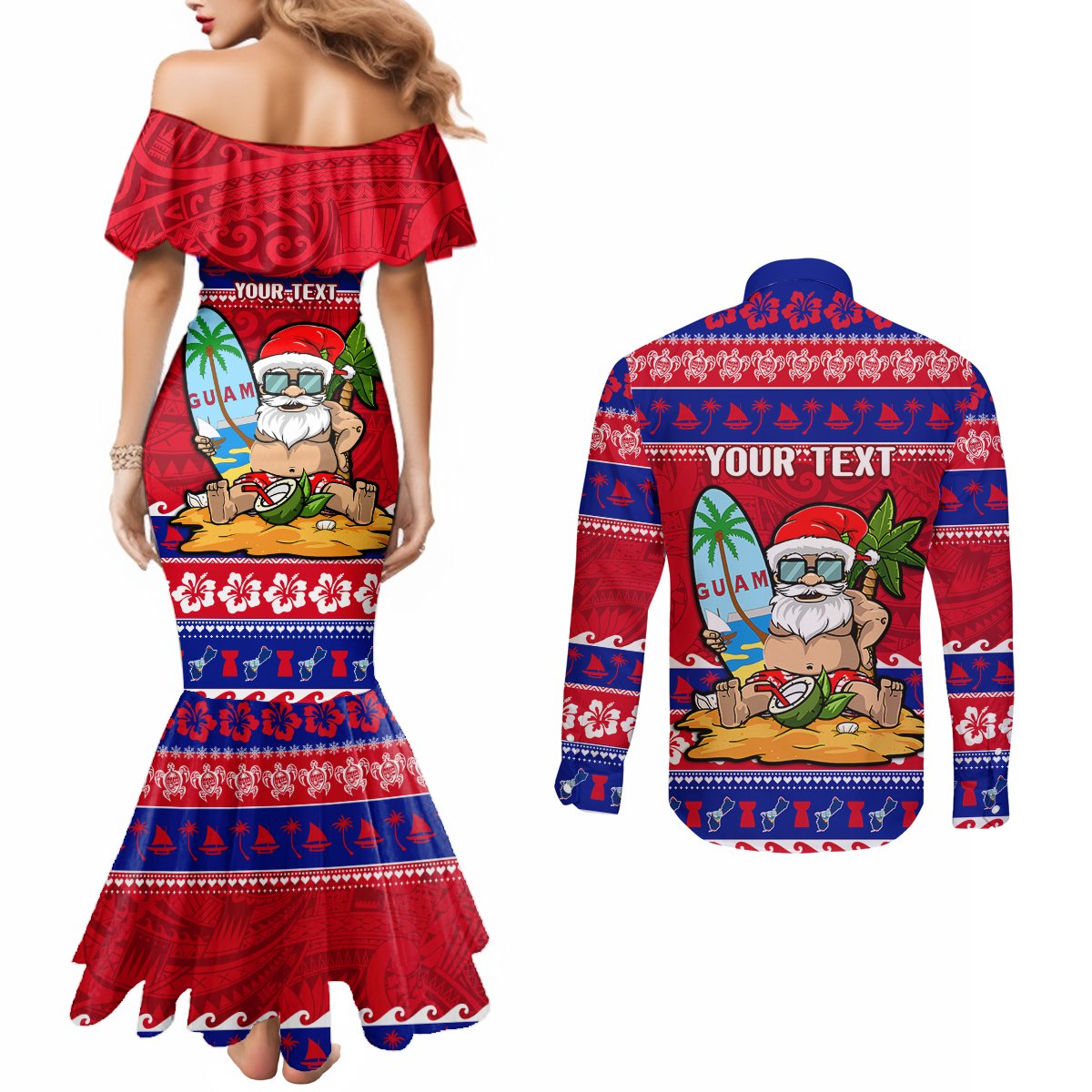 custom-guam-christmas-couples-matching-mermaid-dress-and-long-sleeve-button-shirt-guaman-santas-felis-pasgua