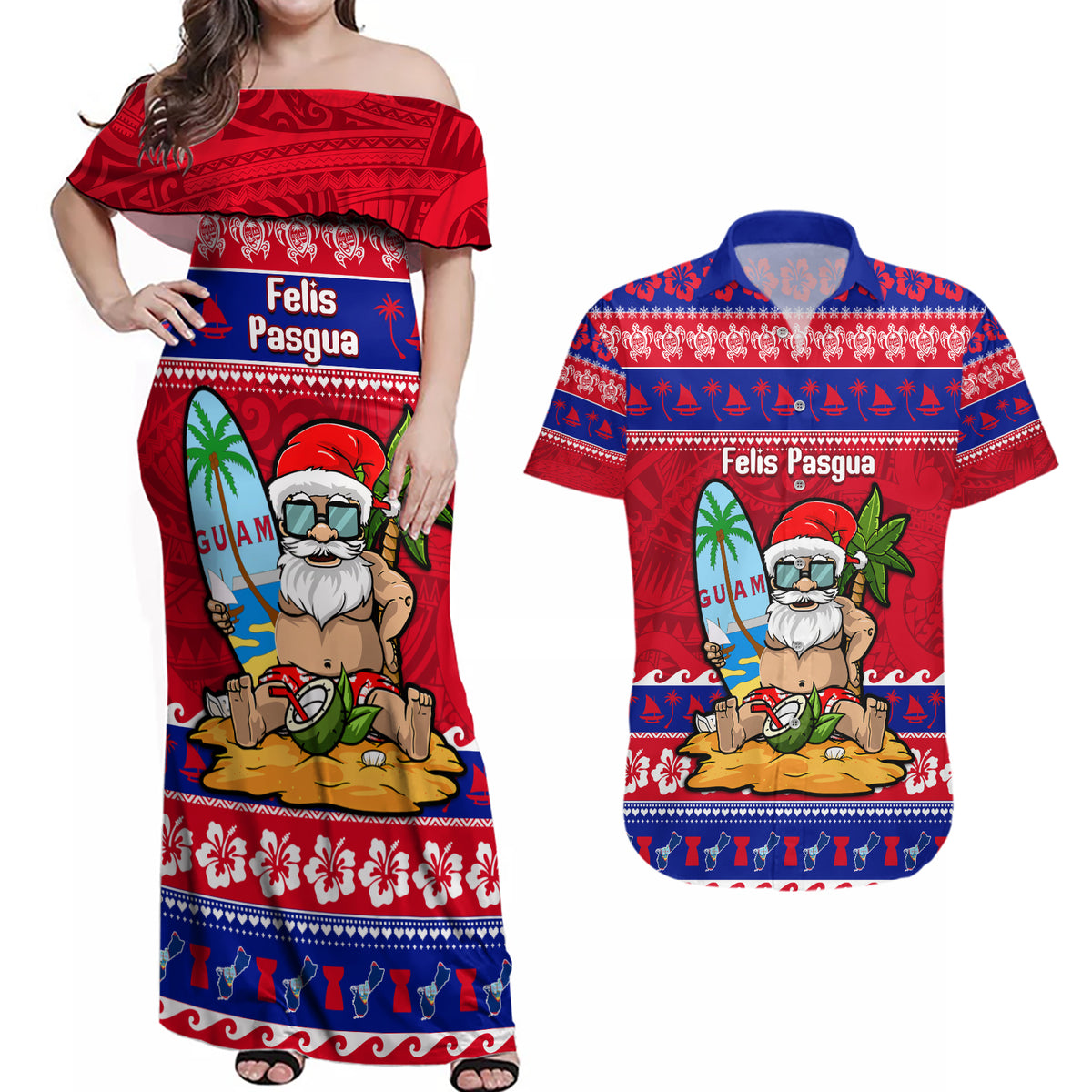 Custom Guam Christmas Couples Matching Off Shoulder Maxi Dress and Hawaiian Shirt Guaman Santas Felis Pasgua - Wonder Print Shop