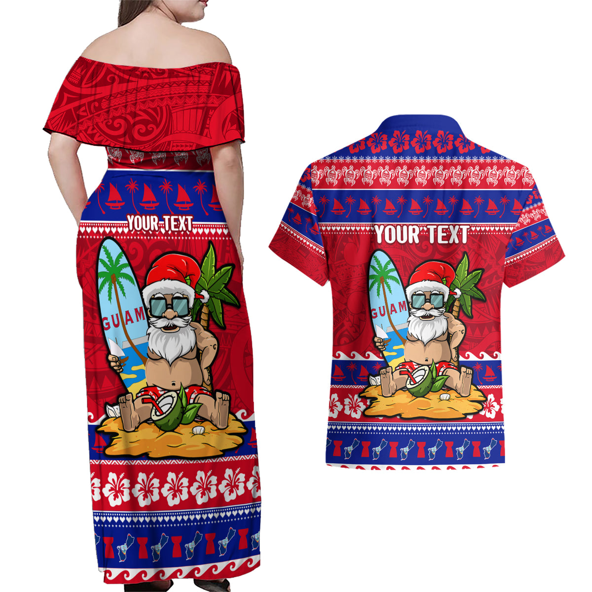 Custom Guam Christmas Couples Matching Off Shoulder Maxi Dress and Hawaiian Shirt Guaman Santas Felis Pasgua - Wonder Print Shop