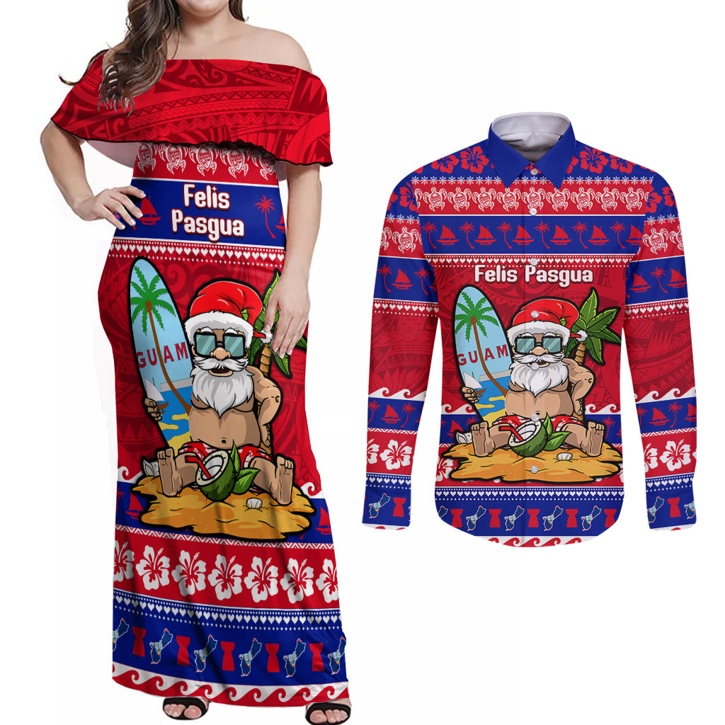 Custom Guam Christmas Couples Matching Off Shoulder Maxi Dress and Long Sleeve Button Shirt Guaman Santas Felis Pasgua - Wonder Print Shop