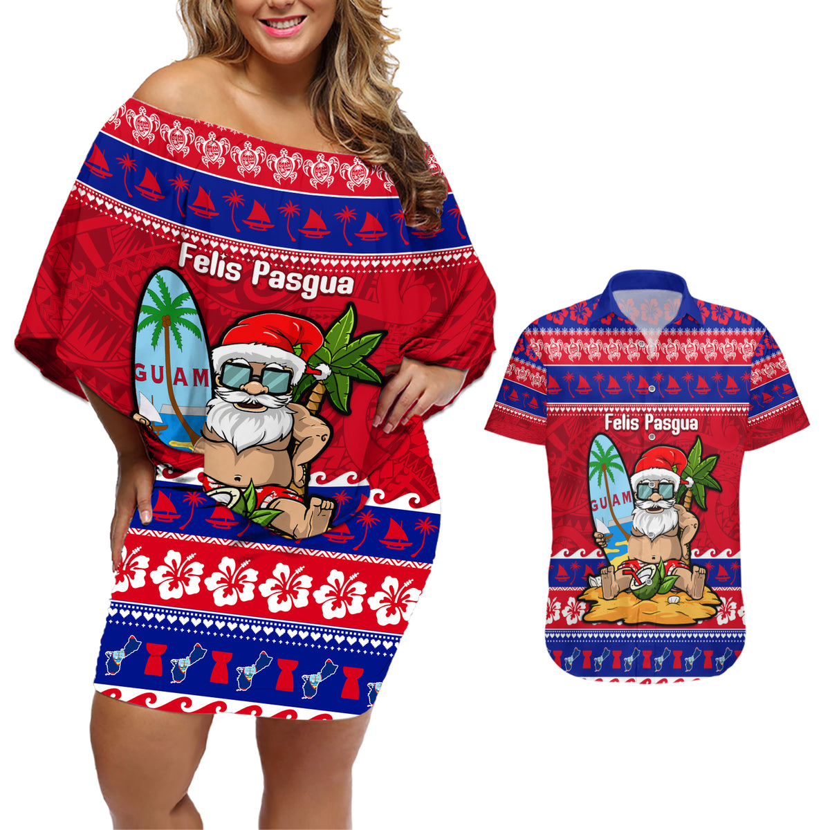 Custom Guam Christmas Couples Matching Off Shoulder Short Dress and Hawaiian Shirt Guaman Santas Felis Pasgua - Wonder Print Shop