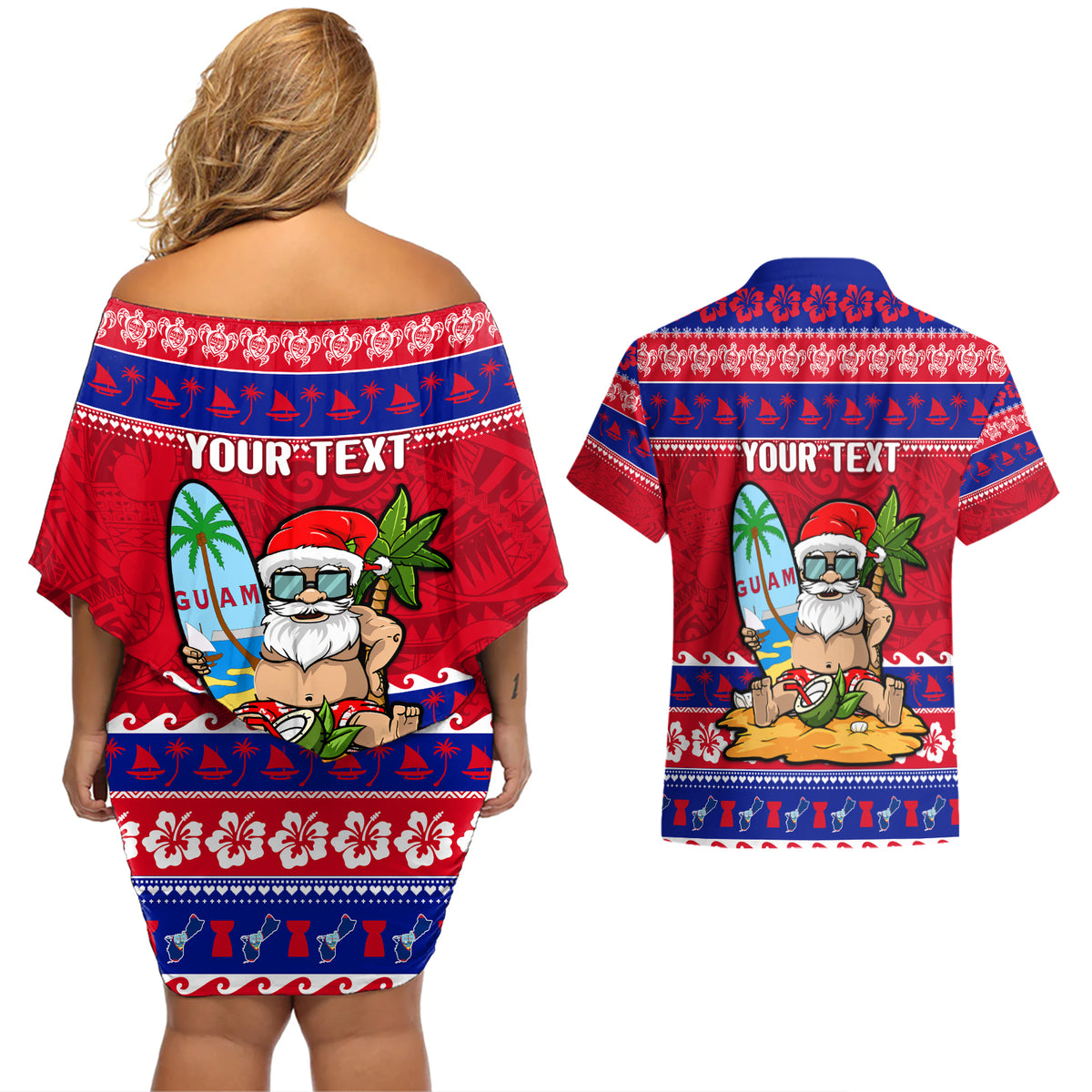 Custom Guam Christmas Couples Matching Off Shoulder Short Dress and Hawaiian Shirt Guaman Santas Felis Pasgua - Wonder Print Shop