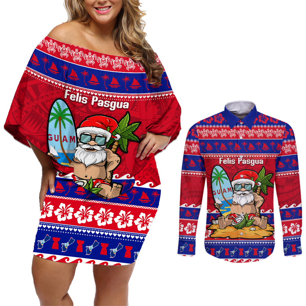 Custom Guam Christmas Couples Matching Off Shoulder Short Dress and Long Sleeve Button Shirt Guaman Santas Felis Pasgua - Wonder Print Shop