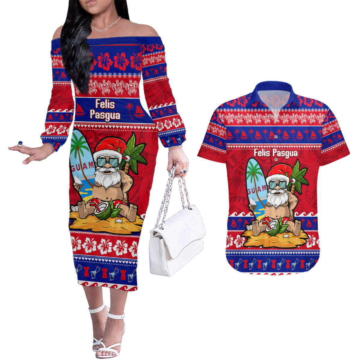 Custom Guam Christmas Couples Matching Off The Shoulder Long Sleeve Dress and Hawaiian Shirt Guaman Santas Felis Pasgua - Wonder Print Shop