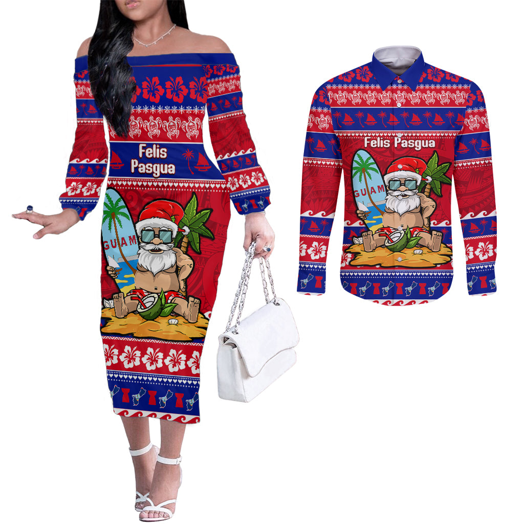 custom-guam-christmas-couples-matching-off-the-shoulder-long-sleeve-dress-and-long-sleeve-button-shirt-guaman-santas-felis-pasgua