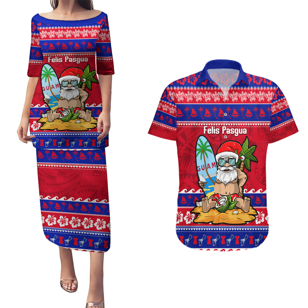 Custom Guam Christmas Couples Matching Puletasi Dress and Hawaiian Shirt Guaman Santas Felis Pasgua - Wonder Print Shop