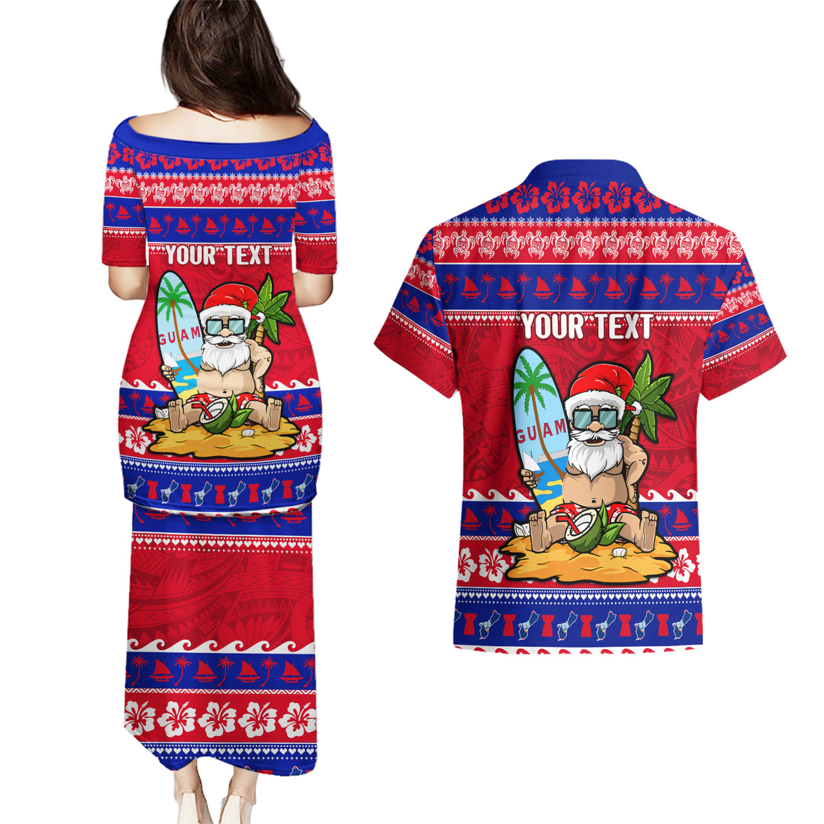 Custom Guam Christmas Couples Matching Puletasi Dress and Hawaiian Shirt Guaman Santas Felis Pasgua - Wonder Print Shop