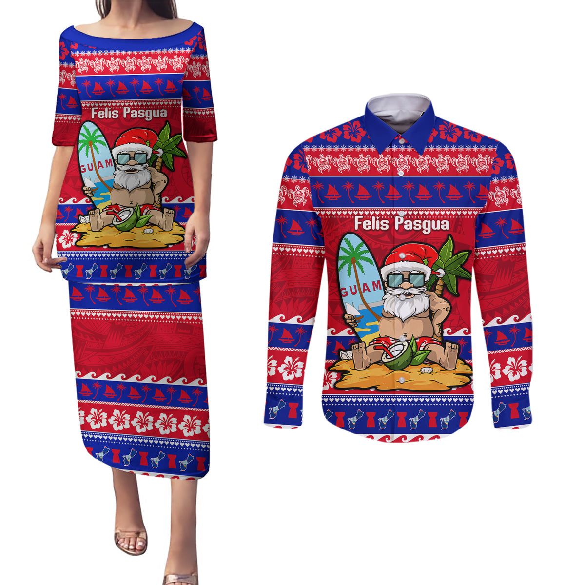 Custom Guam Christmas Couples Matching Puletasi Dress and Long Sleeve Button Shirt Guaman Santas Felis Pasgua - Wonder Print Shop