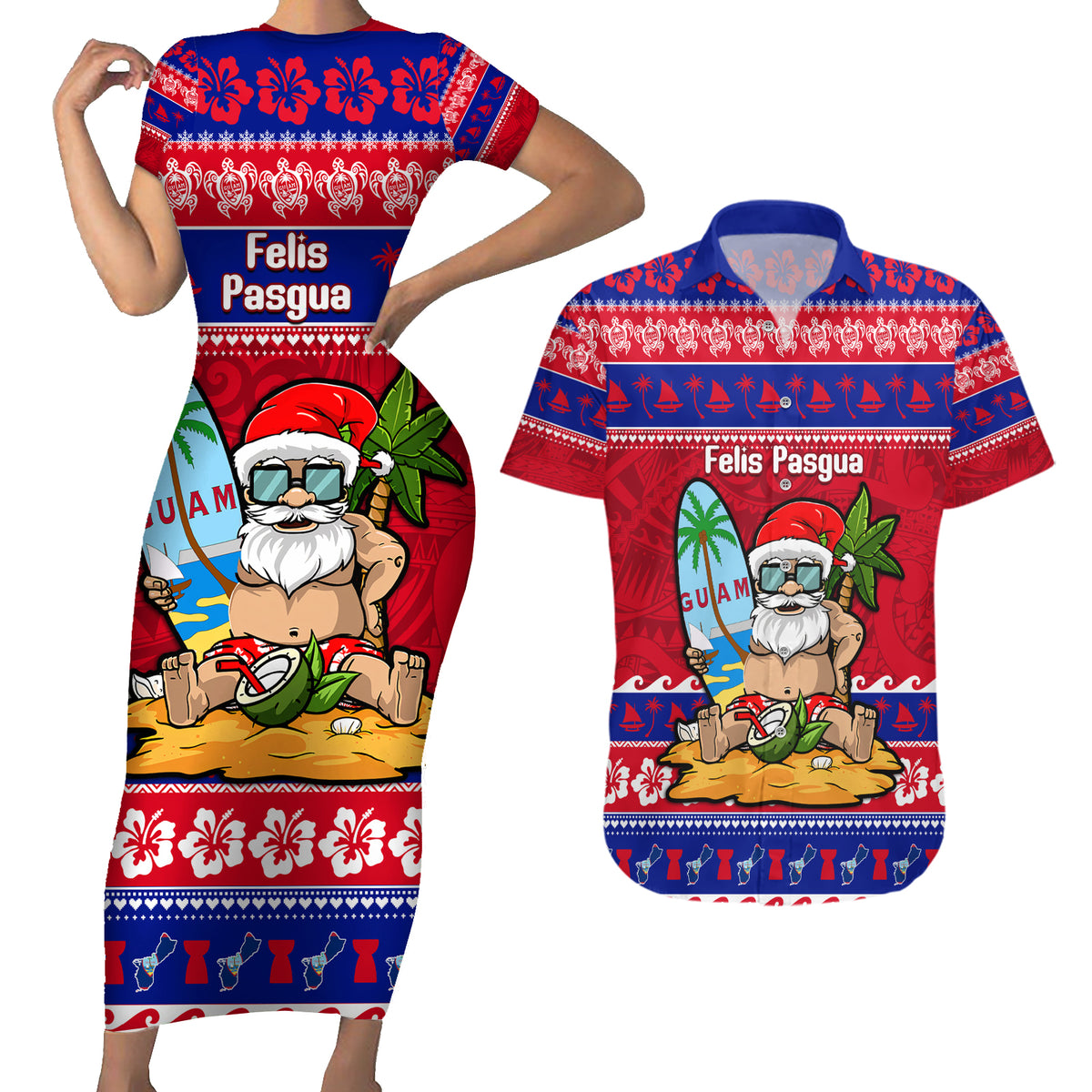 Custom Guam Christmas Couples Matching Short Sleeve Bodycon Dress and Hawaiian Shirt Guaman Santas Felis Pasgua - Wonder Print Shop