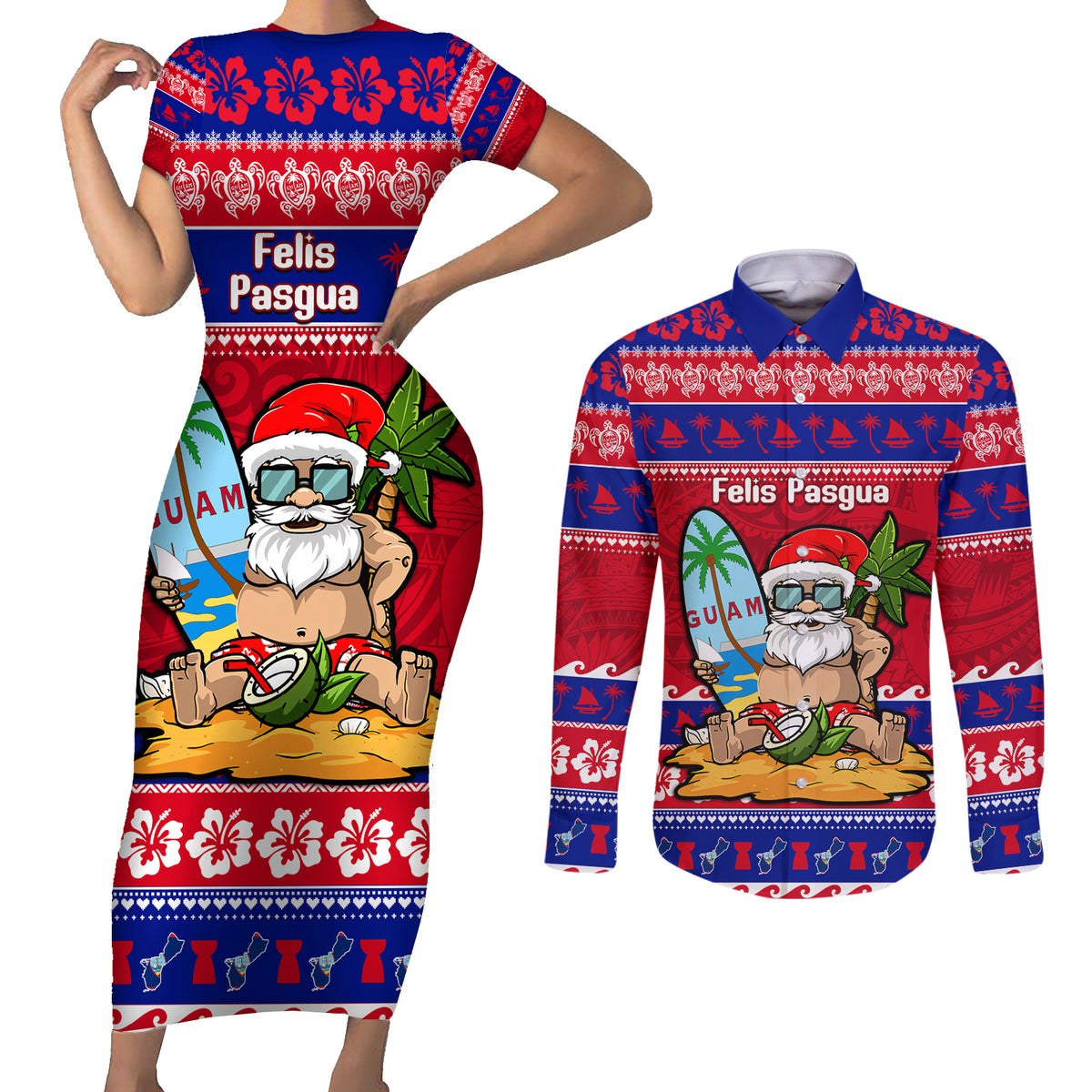 Custom Guam Christmas Couples Matching Short Sleeve Bodycon Dress and Long Sleeve Button Shirt Guaman Santas Felis Pasgua - Wonder Print Shop