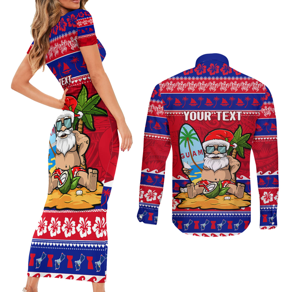 Custom Guam Christmas Couples Matching Short Sleeve Bodycon Dress and Long Sleeve Button Shirt Guaman Santas Felis Pasgua - Wonder Print Shop