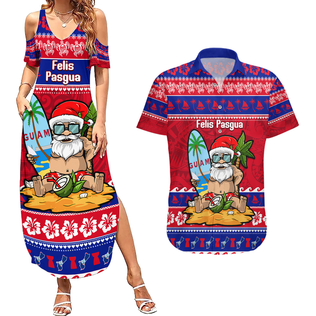 Custom Guam Christmas Couples Matching Summer Maxi Dress and Hawaiian Shirt Guaman Santas Felis Pasgua - Wonder Print Shop