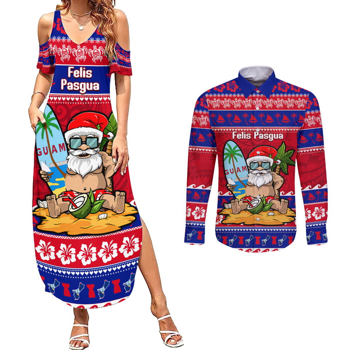 Custom Guam Christmas Couples Matching Summer Maxi Dress and Long Sleeve Button Shirt Guaman Santas Felis Pasgua - Wonder Print Shop