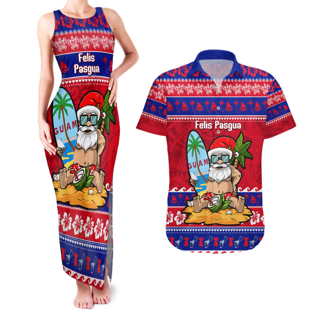 Custom Guam Christmas Couples Matching Tank Maxi Dress and Hawaiian Shirt Guaman Santas Felis Pasgua - Wonder Print Shop